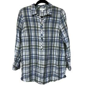 J. Jill Plaid 100% Linen Popover Button Up Tunic Top  Mother of Pearl Size S